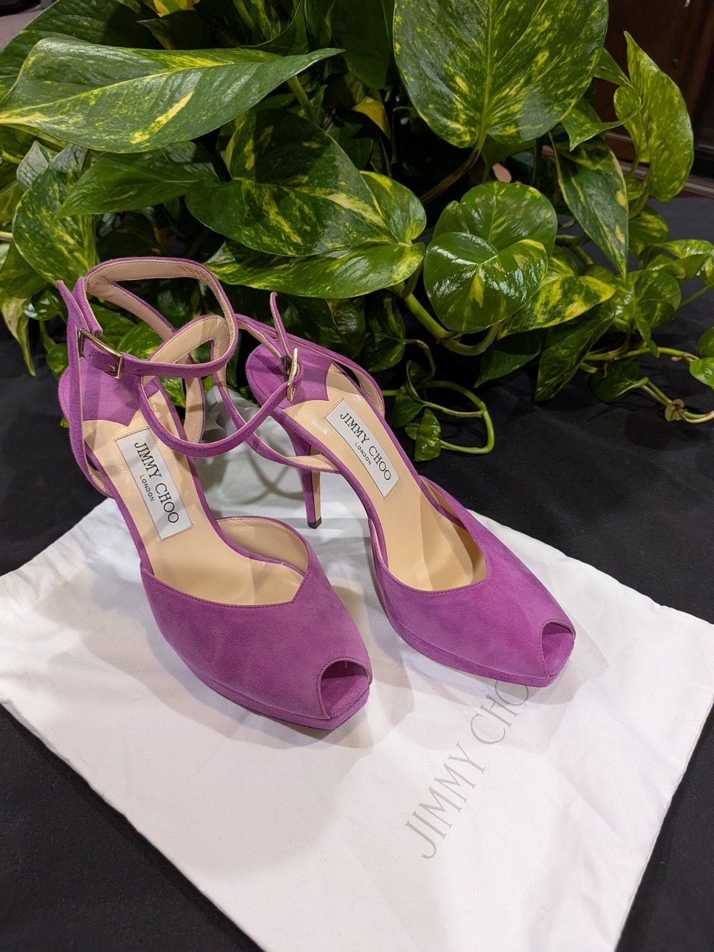 Jimmy Choo Purple Suede Peep-Toe Heels